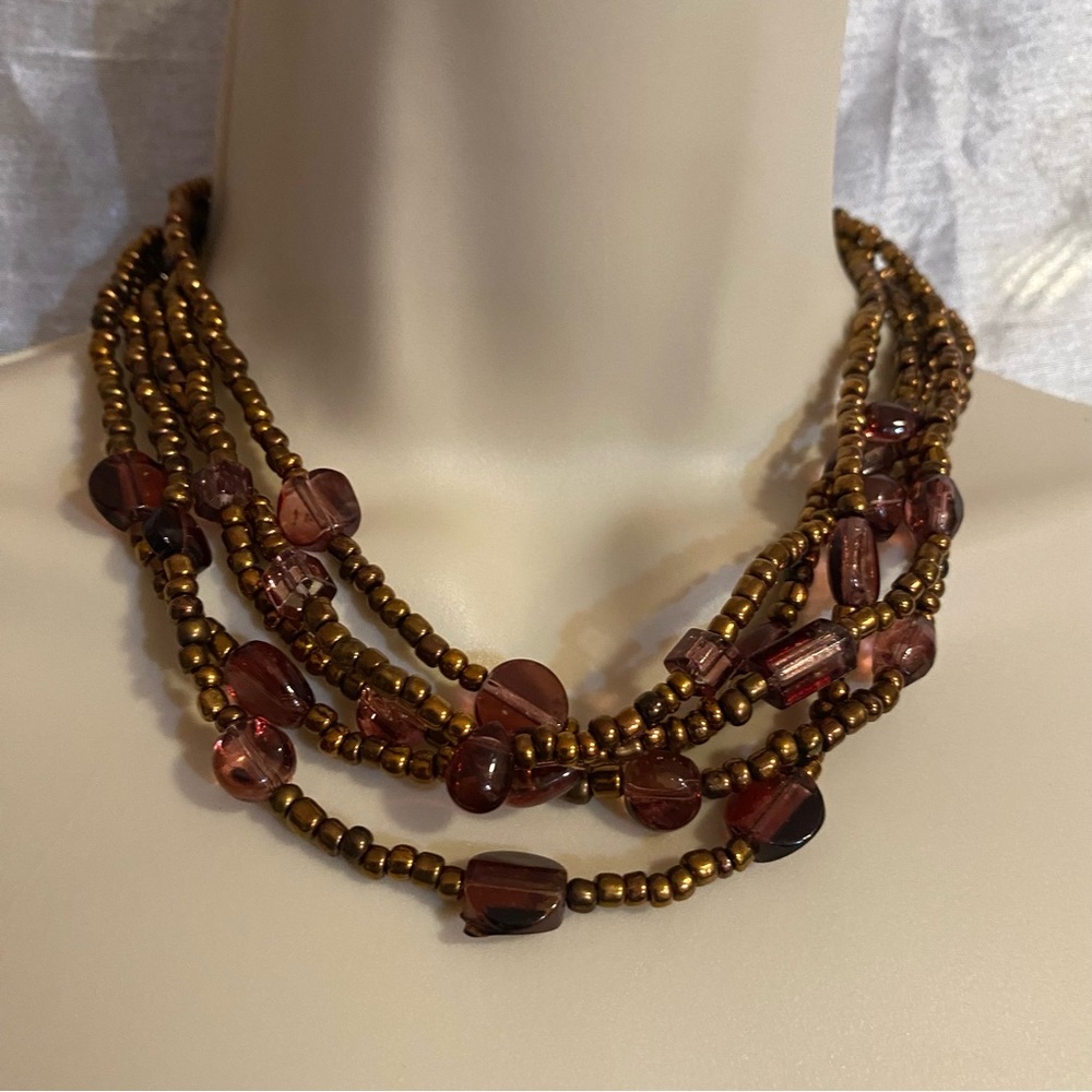 5 Strand glass beaded necklace in bronze/copper tones, GUC 16”
